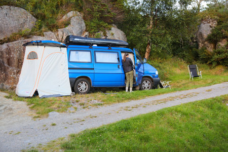 VESTLAND, NORWAY - JULY 23, 2020: Home made camper van in Vestland, Norway. VW Transporter vans are popular choice for camper conversion.のeditorial素材