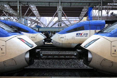 SEOUL, SOUTH KOREA - APRIL 5, 2023: KTX Sancheon high speed trains at Seoul Station. Korail KTX...