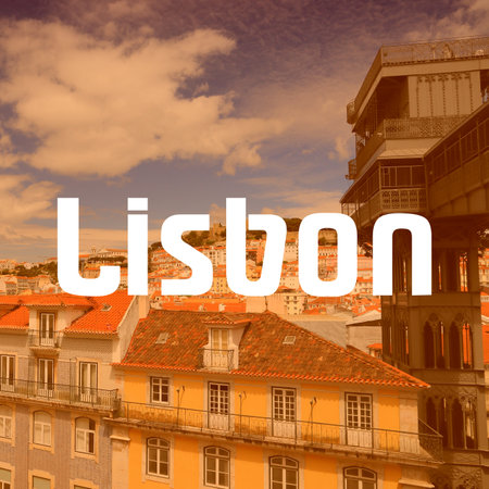 Lisbon, Portugal. City name modern photo postcard. Travel destination text word card.の写真素材