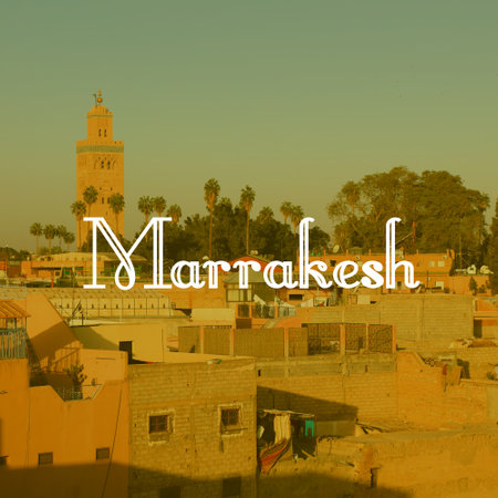 Marrakesh, Morocco. City name modern photo postcard. Travel destination text word card.の写真素材