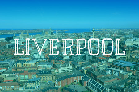 Liverpool, UK. City name modern photo postcard. Travel destination text word card.の写真素材