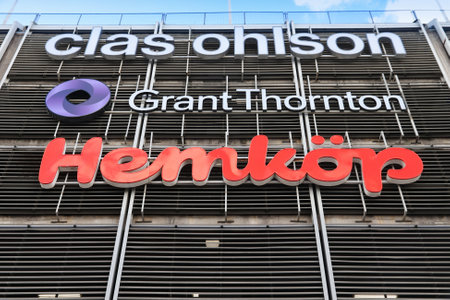 GOTHENBURG, SWEDEN - AUGUST 26, 2018: Nordstan shopping center in Gothenburg, Sweden. Signs of Clas Ohlson, Grant Thornton and Hemkop supermarket.のeditorial素材