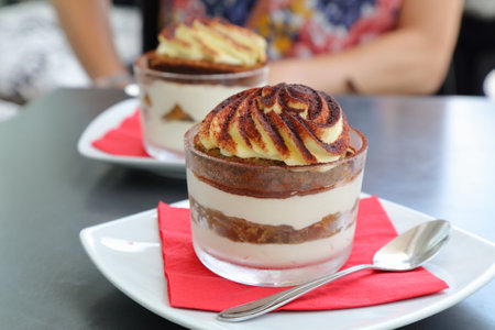 Tiramisu Italian dessert. Tiramisu is made from ladyfingers sponge cake biscuits, mascarpone and eggs. It is coffee flavored.の写真素材
