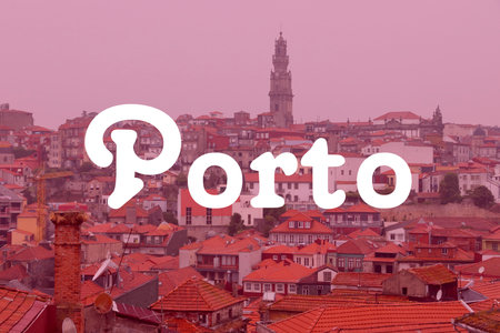 Porto, Portugal. City name modern photo postcard. Travel destination text word card.の写真素材
