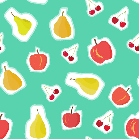 Cute fruit vector pattern. Seamless fruit texture. Colorful fruits on turquoise background.のイラスト素材