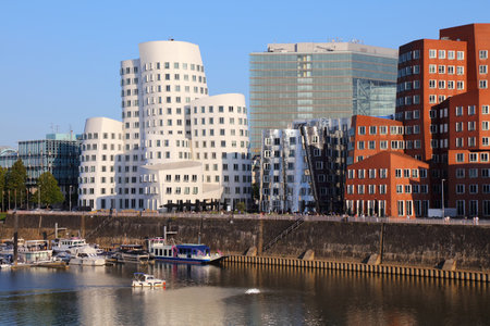 DUSSELDORF, GERMANY - SEPTEMBER 19, 2020: Neuer Zollhof modern architecture in Dusseldorf, Germany. The residential complex was designed by American architect Frank Gehry in 1998.のeditorial素材