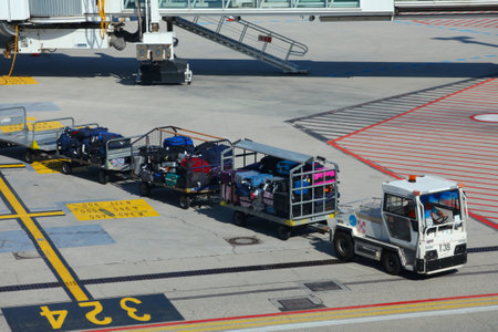 VENICE, ITALY - MAY 22, 2023: Luggage tow tractor with trailers full of suitcases at Venice Marco...