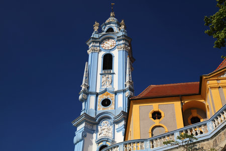 Durnstein, small town in Austria region Wachau. Durnstein Monastery (German: Stift Durnstein). Baroque church.の写真素材