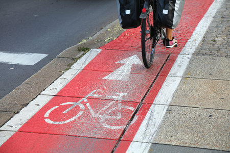 Bicycle path in Linz, Austria. Cycling transportation city infrastructure.の写真素材
