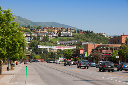 STEAMBOAT SPRINGS, COLORADO - JUNE 19, 2013: Main street in Steamboat Springs, Colorado. Steamboat Springs is a famous tourist and ski resort in Colorado.のeditorial素材