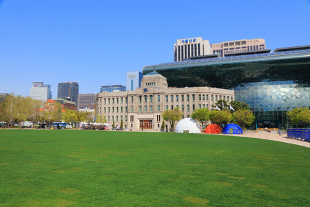 SEOUL, SOUTH KOREA - APRIL 9, 2023: Seoul Plaza city square skyline in Seoul, South Korea.のeditorial素材