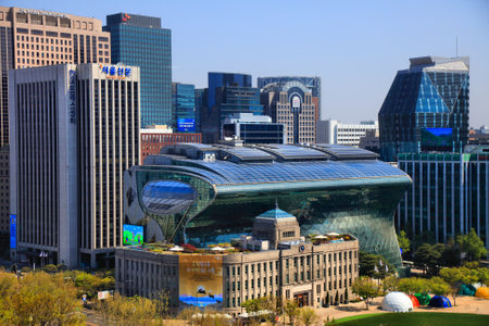 SEOUL, SOUTH KOREA - APRIL 9, 2023: Seoul Plaza city square skyline with Seoul City Hall building.のeditorial素材