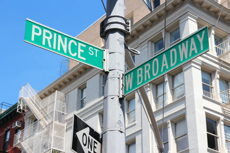 New York City street. Prince Street and West Broadway sign in Manhattan.