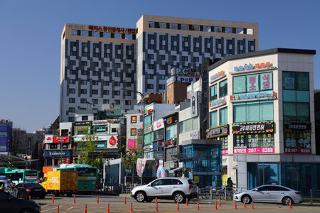 SUWON, SOUTH KOREA - APRIL 8, 2023: Street view in downtown Suwon. It is one of largest cities in...