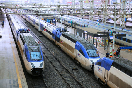 SEOUL, SOUTH KOREA - APRIL 5, 2023: KTX Sancheon high speed trains at Seoul Station. Korail KTX...