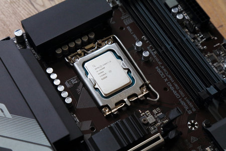 BERLIN, GERMANY - OCTOBER 10, 2023: Intel i5-13400F processor from 13th generation of Intel CPUs mounted on Gigabyte B760M Gaming X motherboard.のeditorial素材