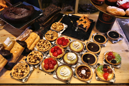 BARCELONA, SPAIN - OCTOBER 7, 2021: Local typical Spanish pastries product display in downtown cafe in Barcelona, Spain.のeditorial素材