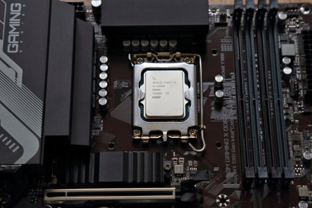 BERLIN, GERMANY - OCTOBER 10, 2023: Intel i5-13400F processor from 13th generation of Intel CPUs mounted on Gigabyte B760M Gaming X motherboard.のeditorial素材
