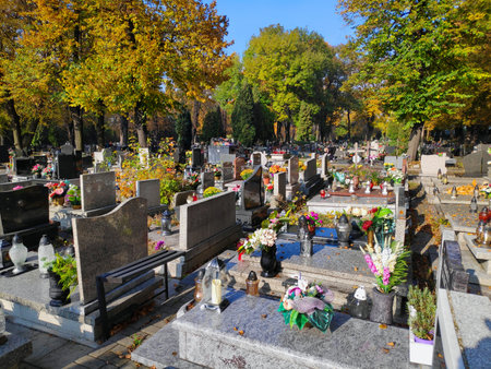 Grave candles on a grave in Poland. Typical cemetery decoration for All Saints Day (Dzien Wszystkich Swietych) in Poland.の写真素材