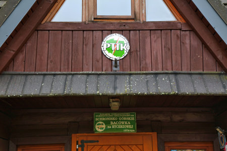 BESKIDY, POLAND - OCTOBER 28, 2023: Mountain chalet on Hala Rycerzowa in Zywiec Beskids in Poland. The chalet is run by NGO Polskie Towarzystwo Turystyczno-Krajoznawcze (PTTK).のeditorial素材