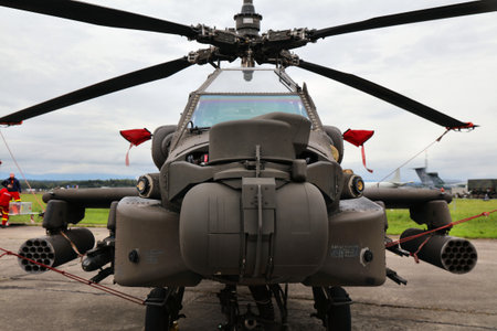 OSTRAVA, CZECHIA - SEPTEMBER 17, 2022: U.S. Army Boeing AH-64 Apache attack helicopter presented on...