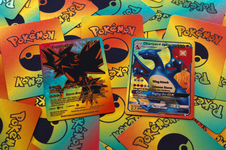 WARSAW, POLAND - AUGUST 18, 2023: Zapdos and Charizard Pokemon cards used in collectible trading...