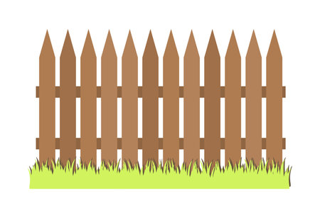 Cartoon fence with grass vector illustration. Simple cartoon style picket fence. Isolated wooden fence graphics.の写真素材