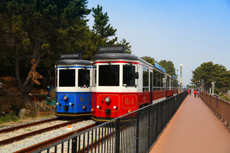 BUSAN, SOUTH KOREA - MARCH 29, 2023: Haeundae beach train in Blue Line Park in Busan.