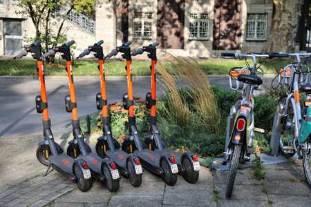 HERNE, GERMANY - SEPTEMBER 17, 2020: Spin brand electric scooters for rental in Herne, Germany. Spin...