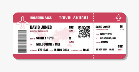 Ticket to Melbourne, Australia. Boarding pass template with generic data. Travel flight ticket vector illustration with QR code.のイラスト素材