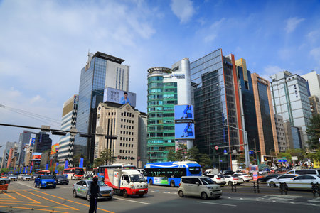SEOUL, SOUTH KOREA - APRIL 7, 2023: Vehicles drive on Gangnam-daero street in Gangnam district of...