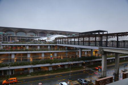ISTANBUL, TURKEY - APRIL 11, 2023: Exterior view of rainy weather Istanbul Airport terminal, one of busiest airports in the world.のeditorial素材