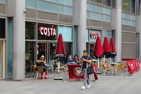 LONDON, UK - APRIL 22, 2016: Costa Coffee chain coffeehouse in London. Costa Coffee is a British coffee shop chain present in multiple countries.のeditorial素材