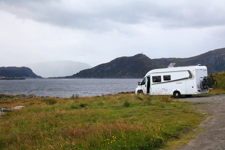 RUNDE, NORWAY - JULY 27, 2020: Camper vacation on Runde island, Norway. Norway had 8.8 million foreign visitors in 2015.のeditorial素材