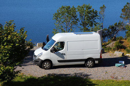 VESTLAND, NORWAY - JULY 24, 2020: Home made camper van in Vestland, Norway. Renault Master vans are...