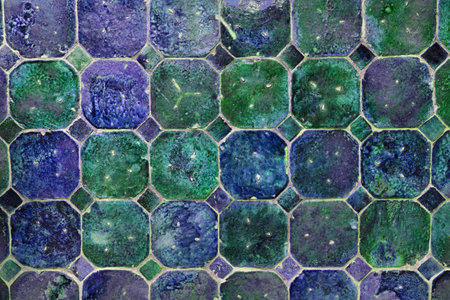 Moroccan blue green tiles background. Majolica rustic glazed ceramic tile pattern.