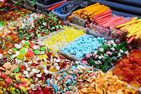 Colorful gummy candy background at a market in Jerusalem, Israel. Assorted jelly candies.