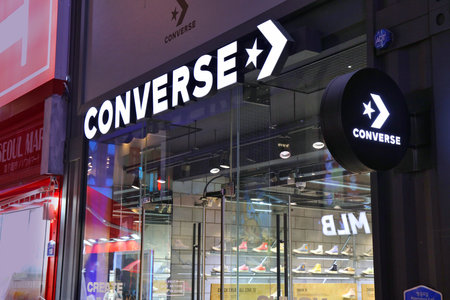 SEOUL, SOUTH KOREA - APRIL 5, 2023: Converse footwear brand store in Myeongdong shopping district in Seoul by night.のeditorial素材