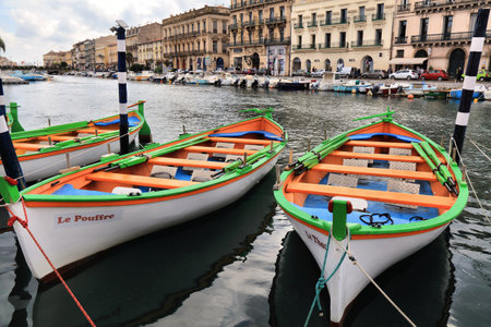 SETE, FRANCE - OCTOBER 2, 2021: Canal view in downtown Sete, France. Sete is a famous harbor town in Herault department of France.のeditorial素材