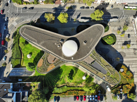 OBERHAUSEN, GERMANY - SEPTEMBER 18, 2020: Modern architecture of Stadtsparkasse Oberhausen, Germany. Oberhausen is the 15th largest city of state of North Rhine-Westphalia.のeditorial素材