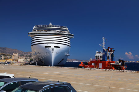 MESSINA, ITALY - AUGUST 13, 2024: MSC World Europa passenger cruise ship visits Messina, Italy. MSC World Europa is one of largest cruise ships in the world.のeditorial素材
