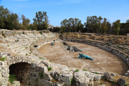 Syracuse city in Sicily, Italy. Ancient Roman amphitheatre.の写真素材