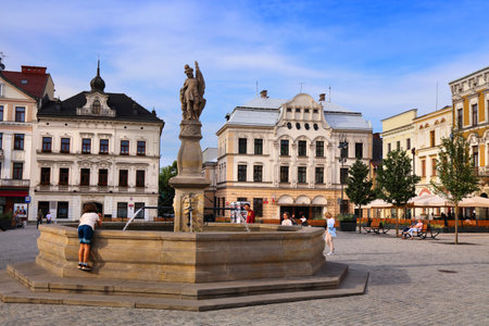 CIESZYN, POLAND - MAY 30, 2024: People visit main square Rynek in the old town of Cieszyn, Poland.のeditorial素材