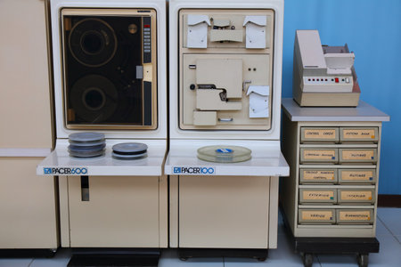 TERRASSA, SPAIN - OCTOBER 6, 2021: EAI Pacer 600 hybrid computer and EAI Pacer 100 obsolete analog...