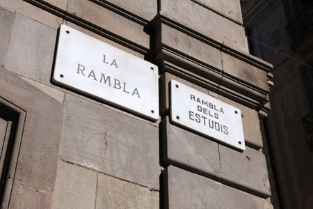 Rambla Dels Estudis, part of famous La Rambla - street name sign in Barcelona. Streets of Barcelona, Spain.の写真素材