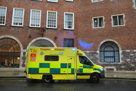 LONDON, UK - JULY 9, 2024: NHS Trust emergency ambulance vehicle of London Ambulance Service in London, UK.のeditorial素材