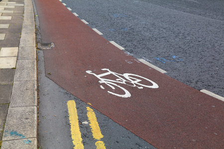 Bicycle lane in a city street in Dublin, Ireland. Transportation infrastructure in Ireland.の写真素材
