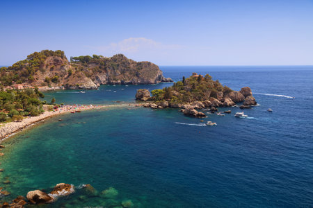 Isola Bella beach summer view in Taormina in Sicily island, Southern Italy.の写真素材