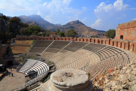 Greco-Roman ancient amphitheatre (Teatro Antico) in Taormina in Sicily island, Southern Italy.