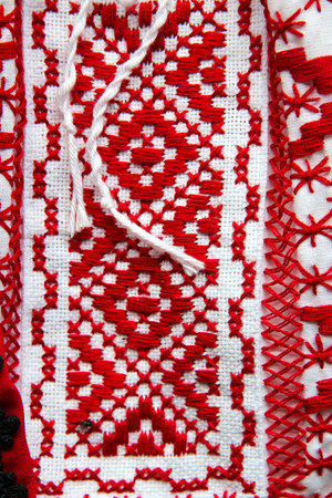 Hungarian handicraft product in a souvenir shop in Budapest. Stitched decoration folk motif.